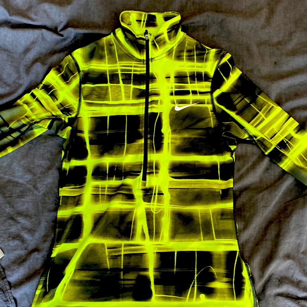 Nike lightweight, fluorescent green/yellow black halfzip dri-fit. Thumb sleeve
